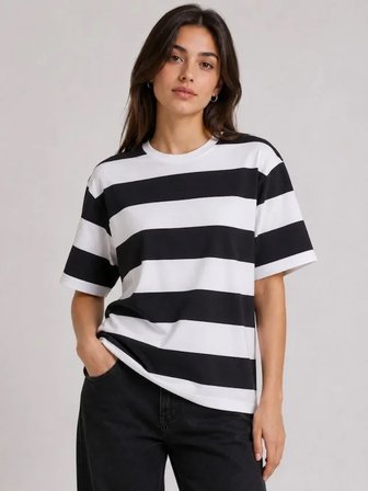 Livizmir Moda Çizgili Oversize Tişört Bisiklet Yaka Kısa Kol Yazlık T-Shirt - Siyah