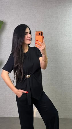 Livizmir Moda Kadın Kısa Kollu Bisiklet Yaka Yandan Toka Detaylı Viskon Iki Iplik Bluz Ve Pantolon Ikili Takım