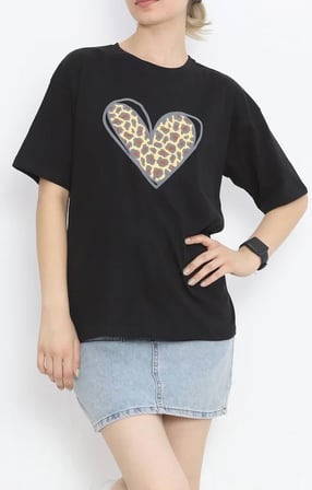 Livizmir Moda 14 Şubat Sevgililer Günü Leopar Kalp Baskılı Oversize Bisiklet Yaka T-shirt - Siyah