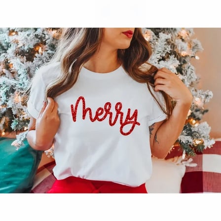 Livizmir Moda Yılbaşı Merry Christmas Baskılı Kısa Kollu Oversize Bisiklet Yaka T-shirt - Beyaz