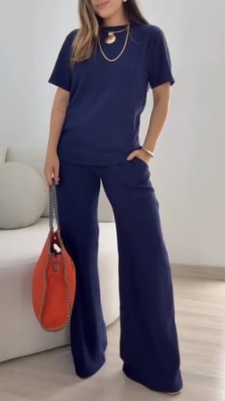 Livizmir Moda Kadın Kısa Kollu Bisiklet Yaka Viskon Iki Iplik Bluz Ve Pantolon Ikili Takım