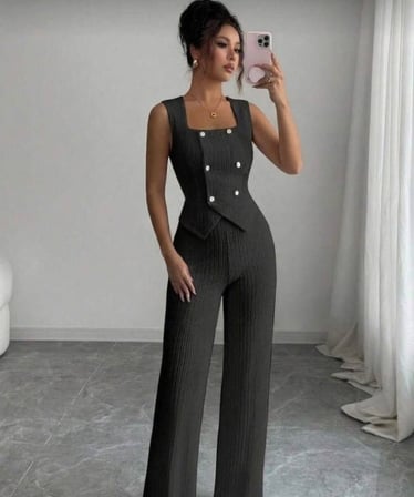 Livizmir Moda Kadın Düğme Detay Yelek Ve Bol Paça Pantolon Bürümcük Kumaş Ikili Takım