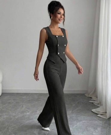 Livizmir Moda Kadın Düğme Detay Yelek Ve Bol Paça Pantolon Bürümcük Kumaş Ikili Takım