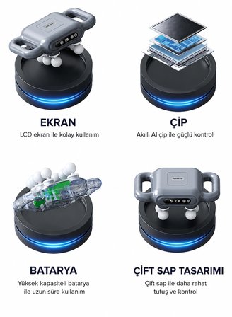 Masaj Aleti 8 Başlıklı Kızılötesi Isıtmalı Derin Doku Masaj Cihazı LCD Ekranlı 9 Kademe 6 Masaj Modu Şarjlı Titreşimli Boyun Omuz Bel Sırt Bacak Kol Ayak Masaj Cihazı