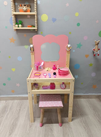 Ahşap Çocuk Güzellik Makyaj Masası Tabüreli