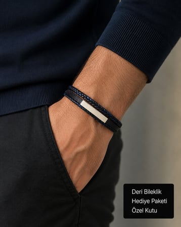 Dorian Lacivert Siyah Örgü Deri Erkek Bileklik – Parlak Metal Plakalı