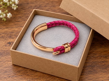 Trevano Fuchsiaarc Fuşya Deri Erkek Bileklik - Rose Ton Açık Kelepçe Örgü