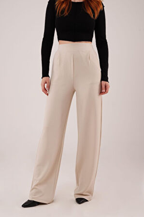 Yüksek Bel Bol Paça Krep Krem Pantolon