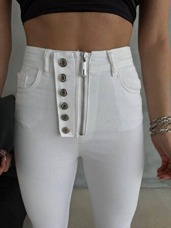 DÜĞME VE FERMUARLI KOT PANTOLON - Beyaz