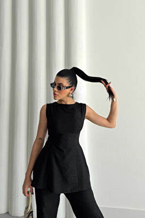 JAKAR KETEN KOLSUZ BLUZ-PANTOLON TK - Siyah