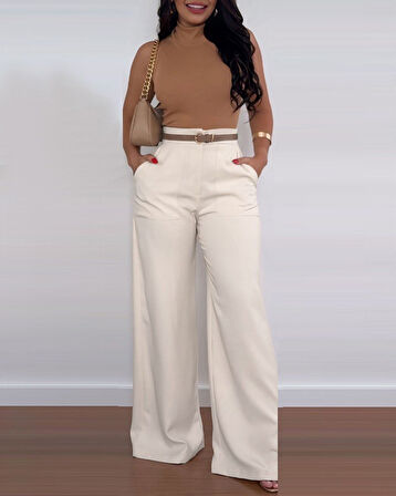 Kadın Yüksek Bel Geniş Paça Detaylı Cepli Ithal Krep Pantolon
