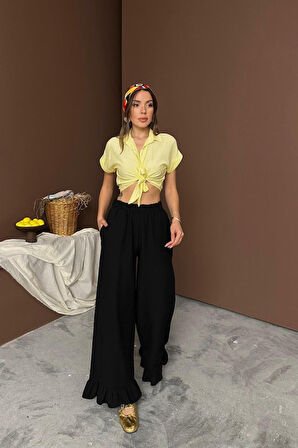 Siyah Paçası Fırfırlı Keten Pantolon