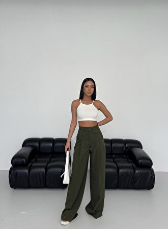 Üç Düğme Detayli Palazzo Pantolon