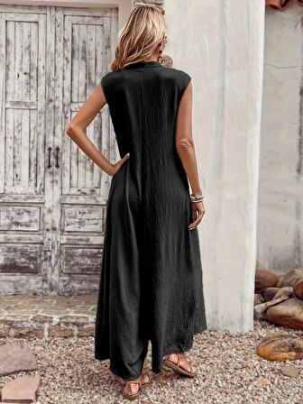 Kadın Kısa Kollu önden Düğmeli Paçaya Doğru Geniş Cepli Uzun Bürümcük Tulum