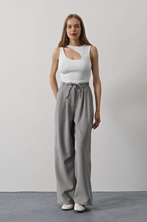 Pileli Bağcıklı Oversize Pantolon - Gri
