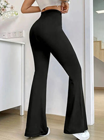 Kadın Yüksek Bel Paçaya Doğru Genişleyen Yandan Yırtmaçlı Dalgıç Pantolon