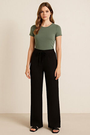 Kadın Beli Lastikli Pol Paça Pantolon