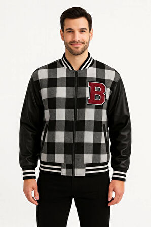 Kolları Suni Deri Içi Astarlı Oduncu Kolej Içi Ceket - Gri