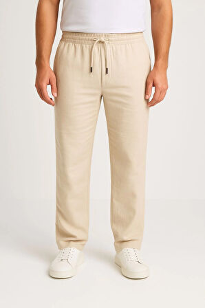 Erkek Keten Pantolon – Cepli, Beli Lastikli Ve Bağcıklı, Nefes Alan Rahat Kalıp, Yazlık Ve Baharlık Günlük Giyim, Şık - Konforlu Boru Paça Model - Bej