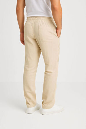 Erkek Keten Pantolon – Cepli, Beli Lastikli Ve Bağcıklı, Nefes Alan Rahat Kalıp, Yazlık Ve Baharlık Günlük Giyim, Şık - Konforlu Boru Paça Model - Bej