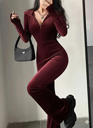 Kadın Uzun Kollu Kapşonlu Fermuarlı Kadife Tulum