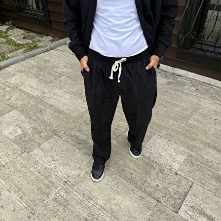 Erkek Fitilli Kadife Cepli Buggy Pantolon Oversize Rahat Kalıp - Siyah