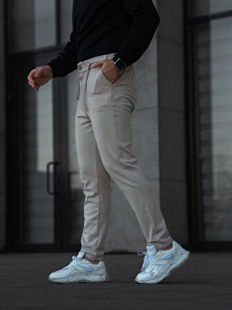 Erkek Diagonel Mikro Dokulu Cepli Pantolon - Bej