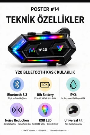 Y20 Bluetooth 5.3 Kask Kulaklığı – RGB LED Işıklı, Gürültü Azaltmalı Motosiklet Kulaklığı