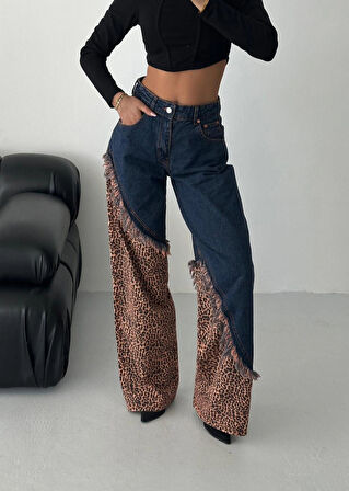 Leopar Desen Detaylı Geniş Paça Tasarım Jean Pantolon