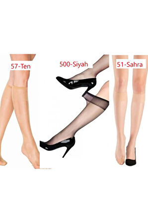 Fit Parlak Süper ince (15 Den) Dizaltı Siyah-Ten-Açıkten Çorap 6 Çift