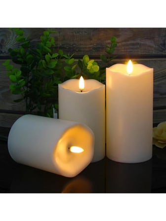 Luve Store 3'lü Alevsiz LED Mum Seti 3D Hareketli Fitil Uzaktan Kumandalı Zaman Ayarlı