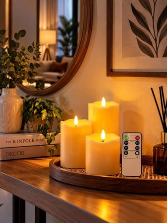 Luve Store 3'lü Alevsiz LED Mum Seti 3D Hareketli Fitil Uzaktan Kumandalı Zaman Ayarlı