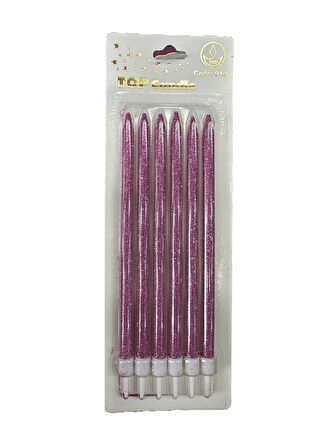 Simli Doğum Günü Parti Süs Pasta Mumu - Pembe - 15 Cm. - 6 Adetlik Paket