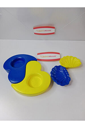 Sarı Lacivert 2 Adet Kalp Mumluk ve 2 Adet İstiridye Görünümlü Tabak