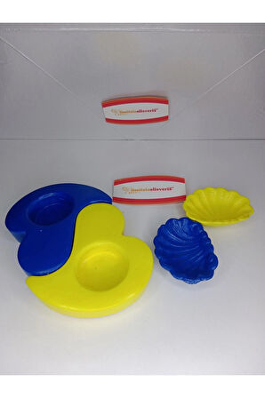 Sarı Lacivert 2 Adet Kalp Mumluk ve 2 Adet İstiridye Görünümlü Tabak