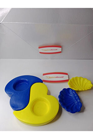 Sarı Lacivert 2 Adet Kalp Mumluk ve 2 Adet İstiridye Görünümlü Tabak