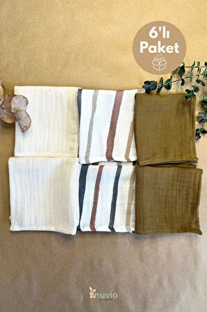 6'lı Desenli Organik Müslin Bebek Ağız Mendili %100 Pamuk, Ter Bezi, Omuz Bezi  (22x23 cm)