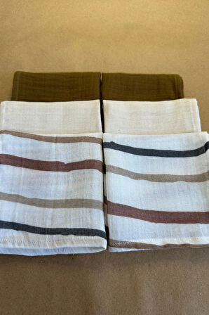 6'lı Desenli Organik Müslin Bebek Ağız Mendili %100 Pamuk, Ter Bezi, Omuz Bezi  (22x23 cm)