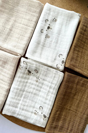 6'lı Desenli Organik Müslin Bebek Ağız Mendili %100 Pamuk, Ter Bezi, Omuz Bezi (22x23 cm)