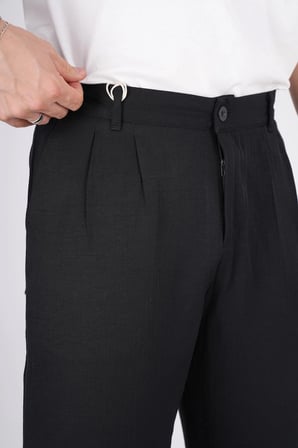 Erkek Müslin Keten Kumaş Bel Düğmeli Bol Kesim Baggy Pantolon