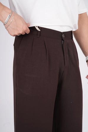 Erkek Müslin Keten Kumaş Bel Düğmeli Bol Kesim Baggy Pantolon