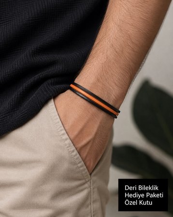 Braceon Ember – Siyah & Turuncu Çok Katmanlı Erkek Deri Bileklik
