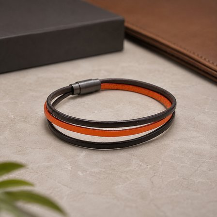 Braceon Ember – Siyah & Turuncu Çok Katmanlı Erkek Deri Bileklik