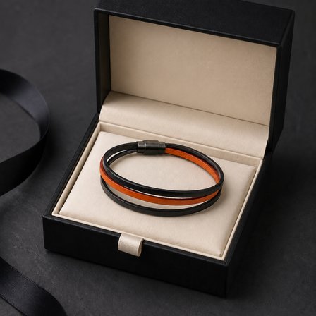 Braceon Ember – Siyah & Turuncu Çok Katmanlı Erkek Deri Bileklik