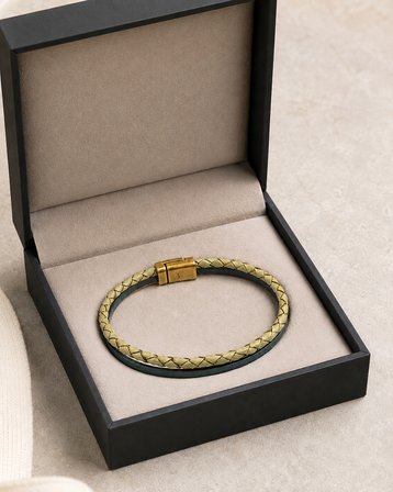 Aurelio Gold Weave – Çift Katmanlı Örgü Deri Erkek Bileklik, Özel Hediye Kutulu