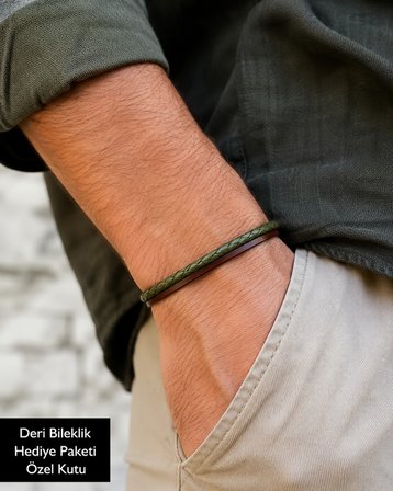 Bracelle Olive Deri Erkek Bileklik – Zeytin Yeşili & Kahve, Özel Hediye Kutulu