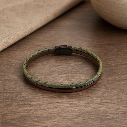 Bracelle Olive Deri Erkek Bileklik – Zeytin Yeşili & Kahve, Özel Hediye Kutulu