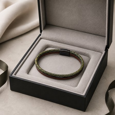 Bracelle Olive Deri Erkek Bileklik – Zeytin Yeşili & Kahve, Özel Hediye Kutulu