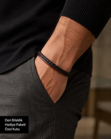 Noir Cognac Duo – Örgü Detaylı Erkek Deri Bileklik, Özel Hediye Kutulu