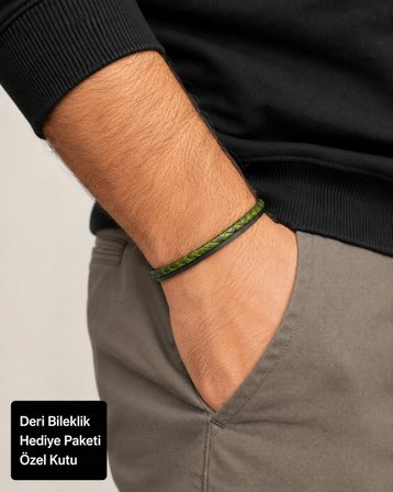 Verde Noir – Zümrüt Yeşili Örgü Deri Erkek Bileklik, Özel Hediye Kutulu